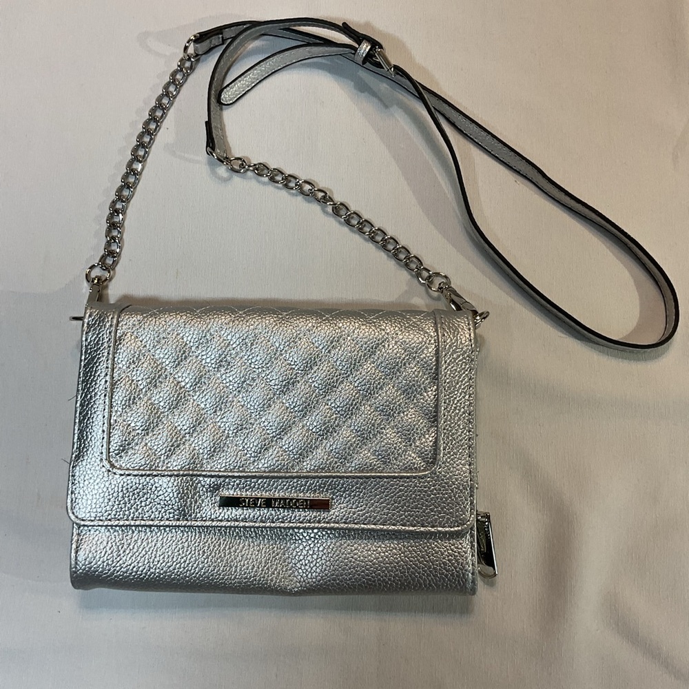 Steve Madden Quilted Silver Metalic Crossbody Bag Party Cocktail